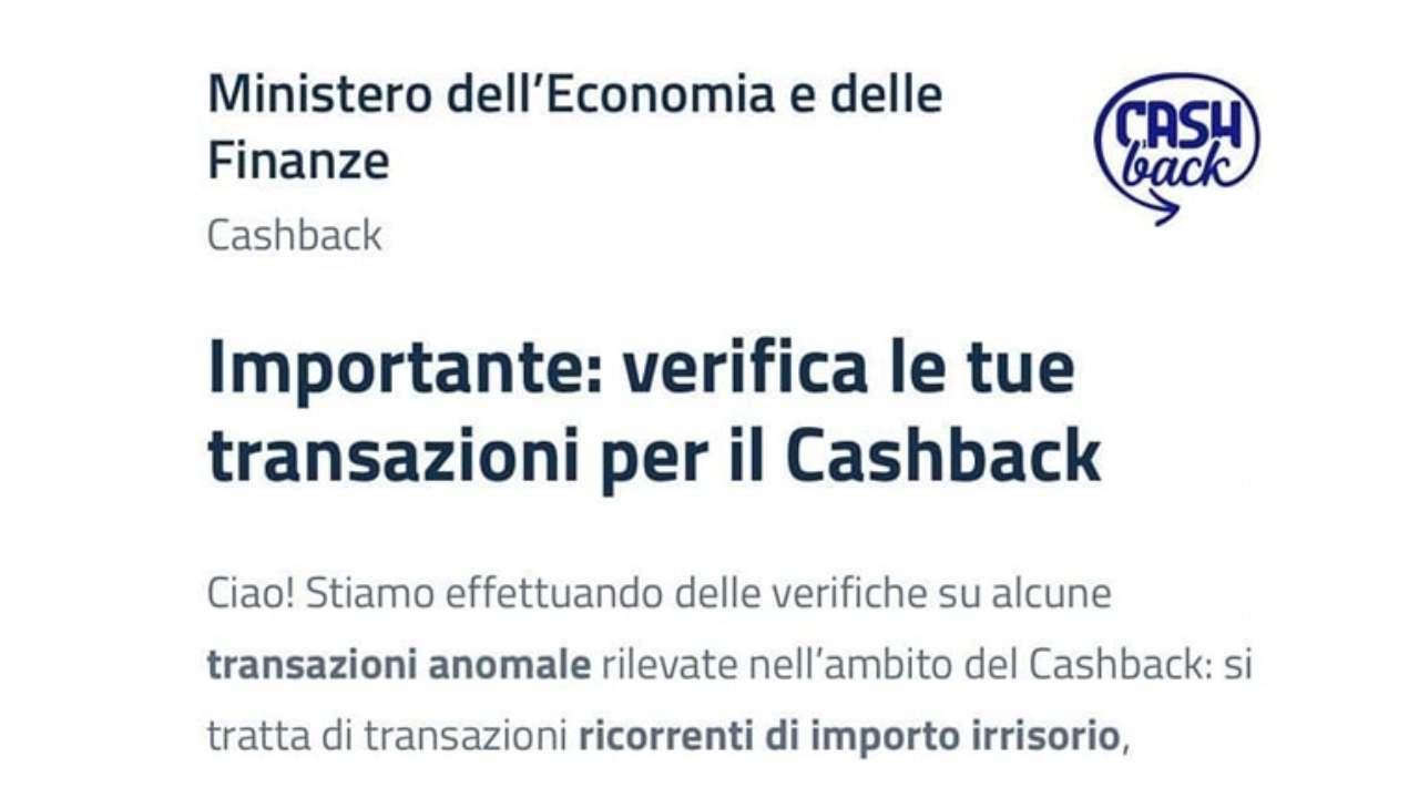 Messaggio Cashback