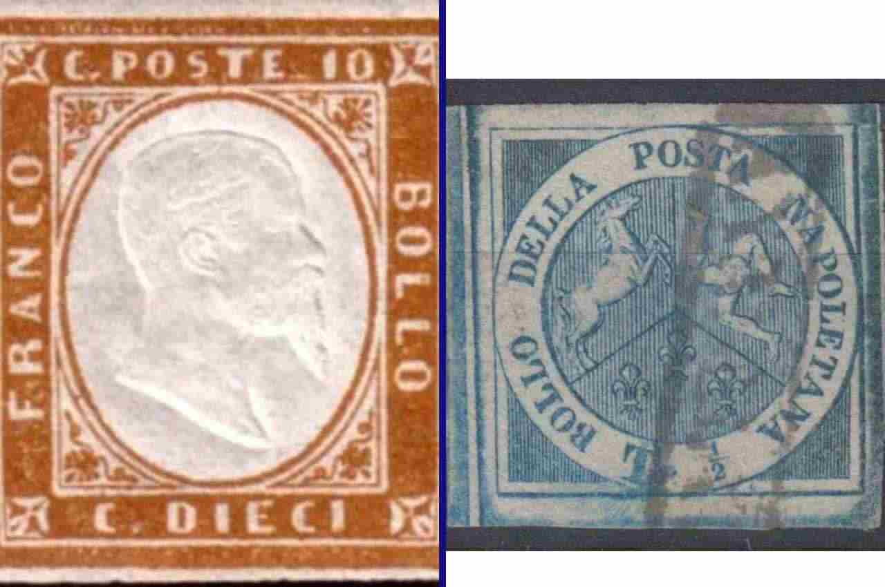Francobollo del 1862 dedicato a Vittorio Emanuele III - Trinacria azzurro