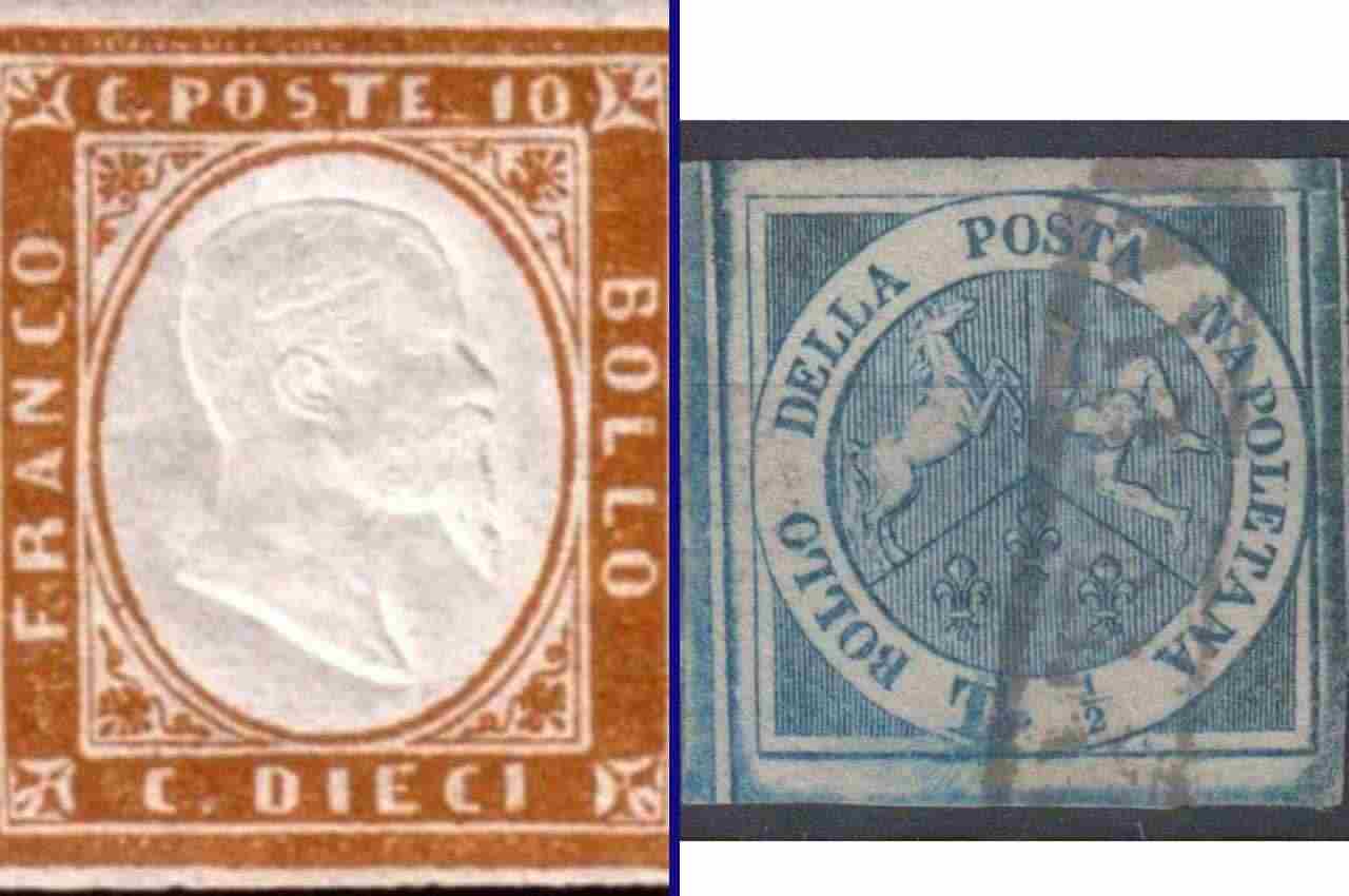 Francobollo del 1862 dedicato a Vittorio Emanuele III - Trinacria azzurro