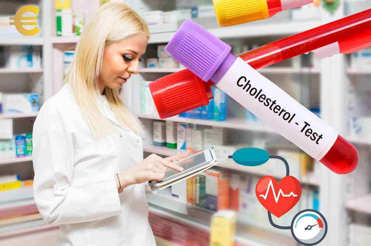 farmacia, provette test colesterolo e dispositivo pressione