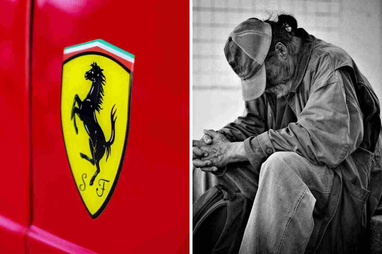 simbolo Ferrari a sinistra e uomo senza tetto a destra