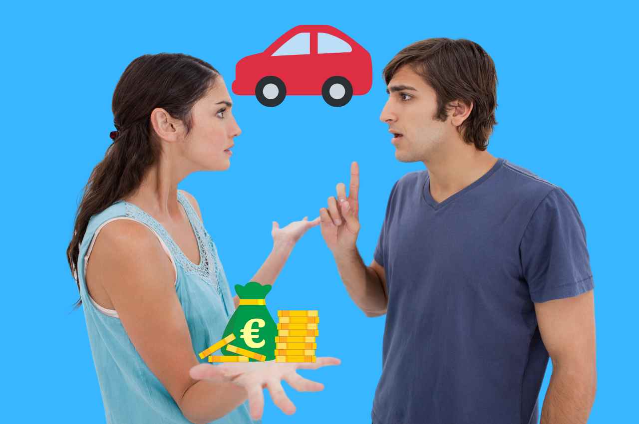 coppia che litiga, auto e soldi
