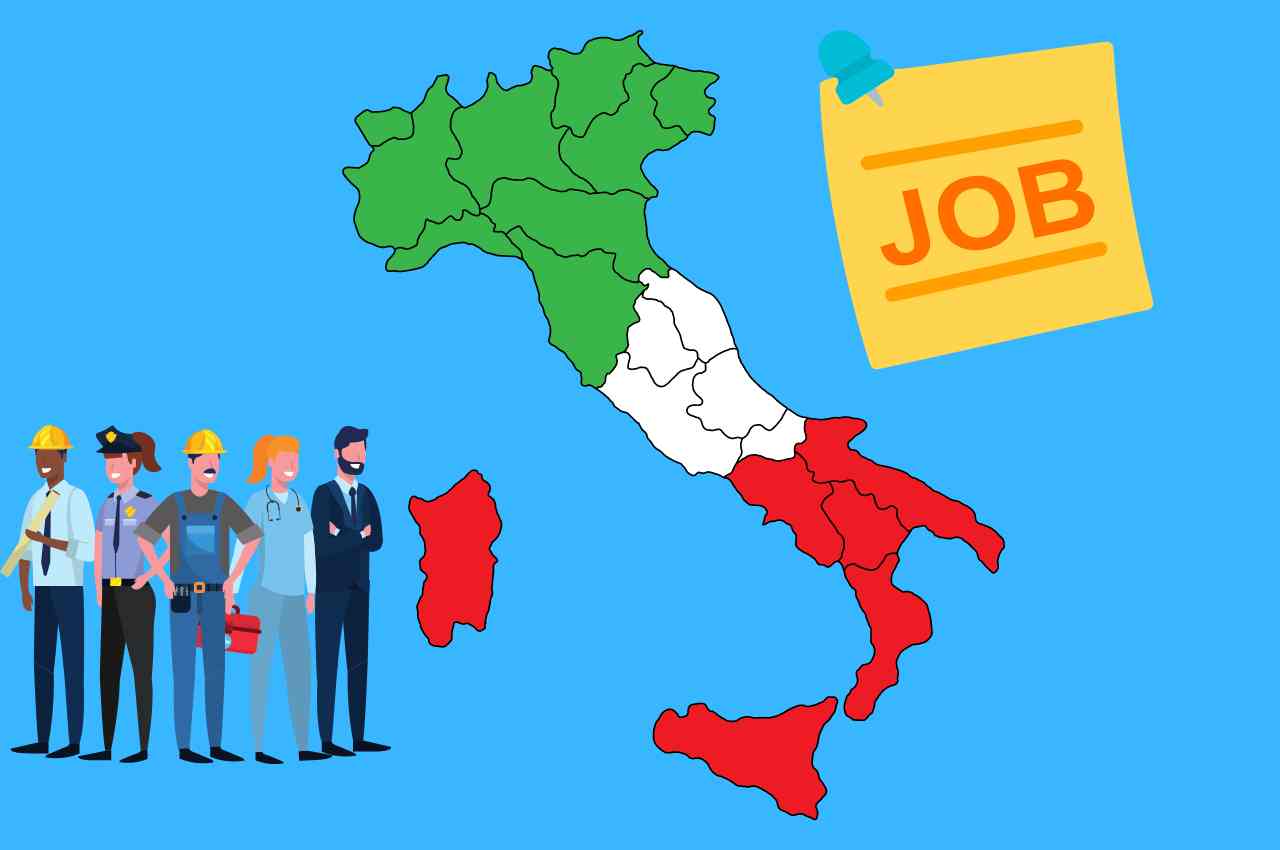 cartina Italia, scritta Job e figure di lavoratori